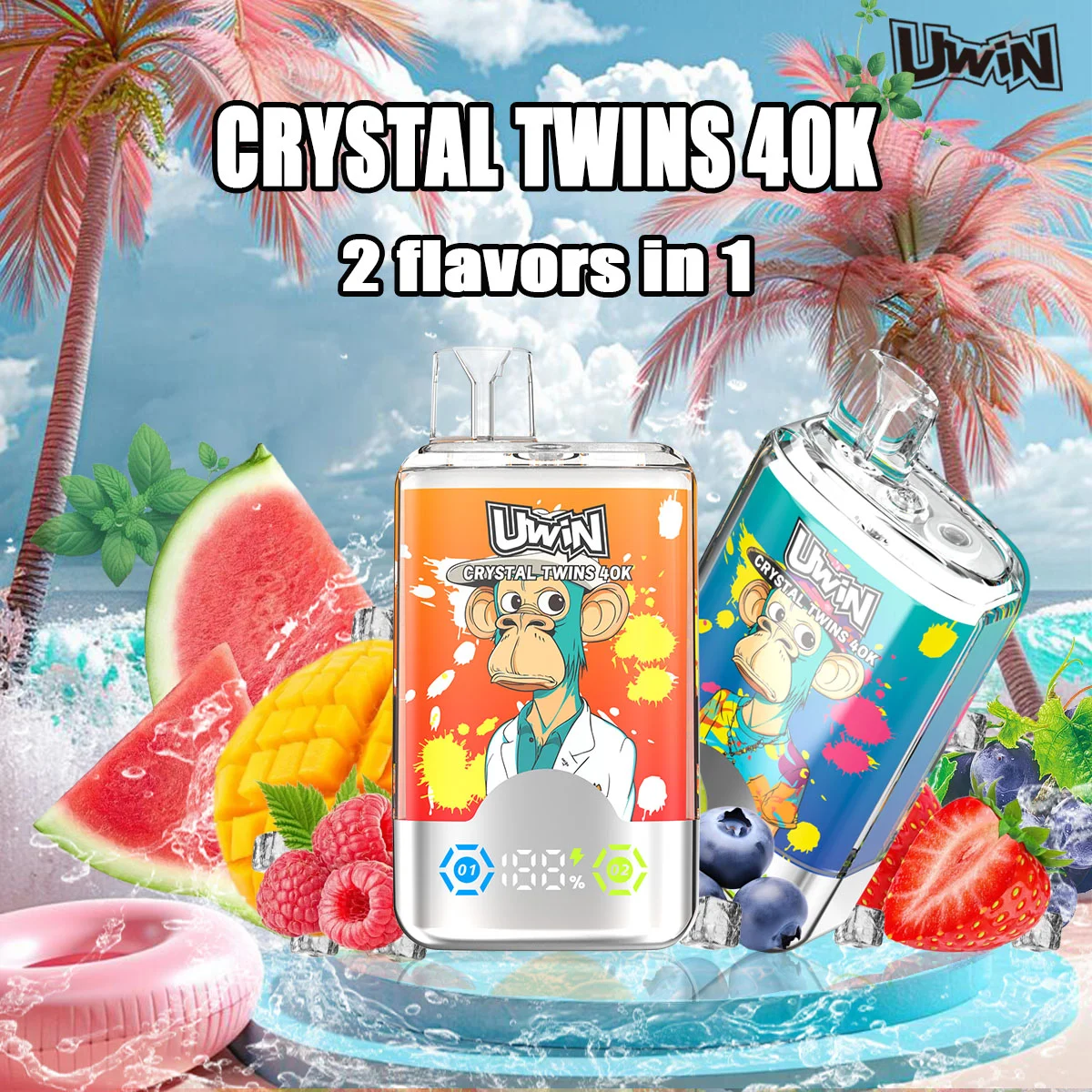 Uwin Twins Crystal 40000 Puffs Disposable Vape | 2-in-1 Dual Flavor & Smart LED Display